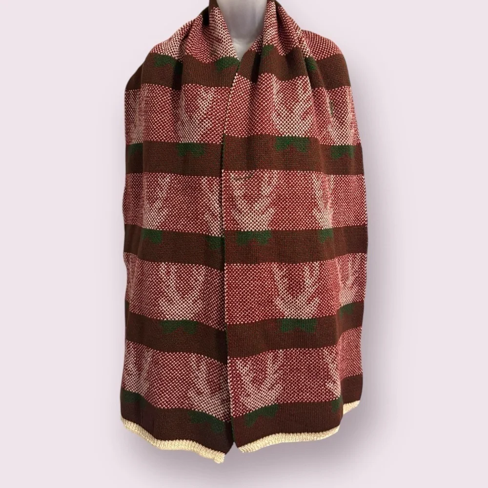 Holiday Knit Scarf Red Reindeer Pattern Winter Wrap OS